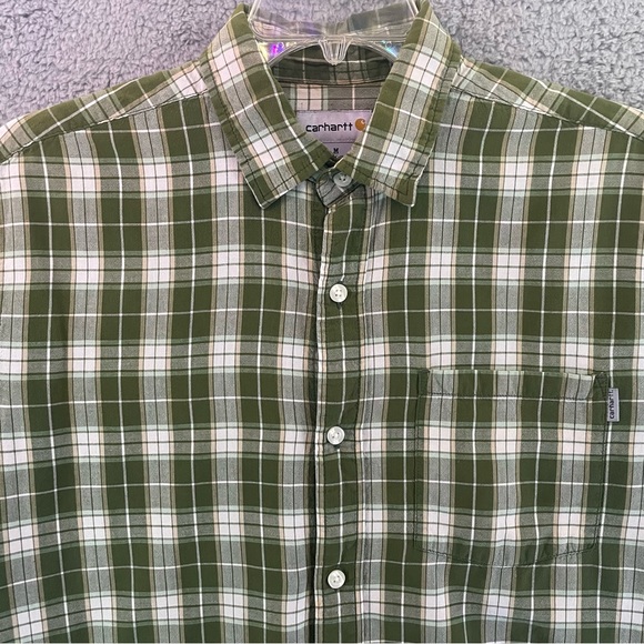 Carhartt Mens Size M Shirt Short Sleeve Plaid Button Up Pocket Logo - Picture 2 of 10